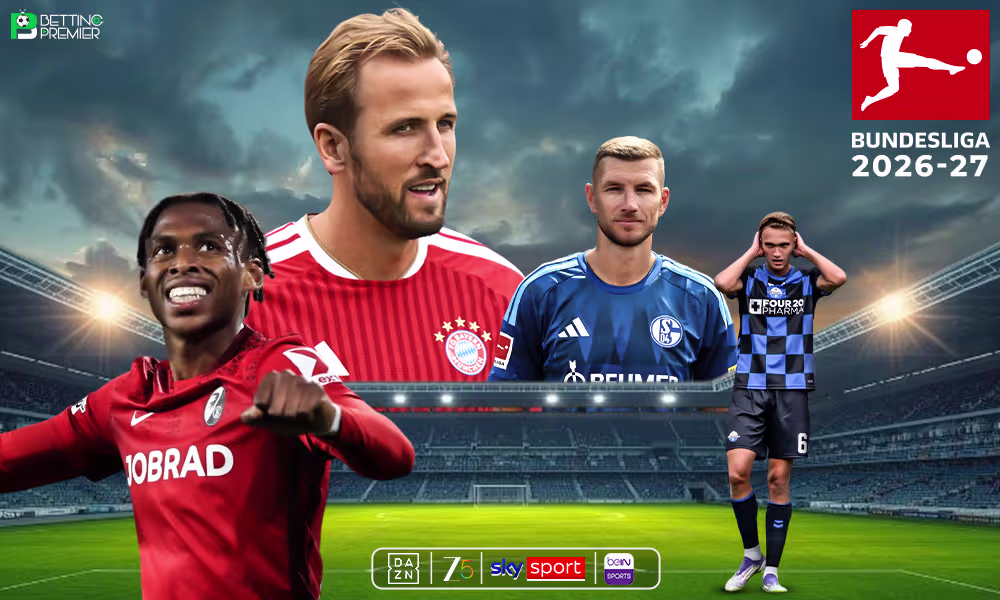 The poster features the key matchups from the league standings in the Bundesliga 2026-27.