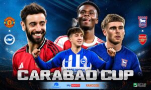 The poster features the clash of elite teams in this first match against opposites in the third round of the Carabao Cup 2026-27.