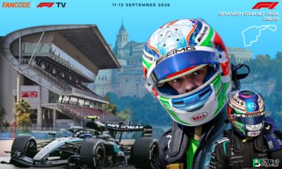 The poster features the dates, venues, circuits, and expected finisher in the F1 Spanish GP 2026.