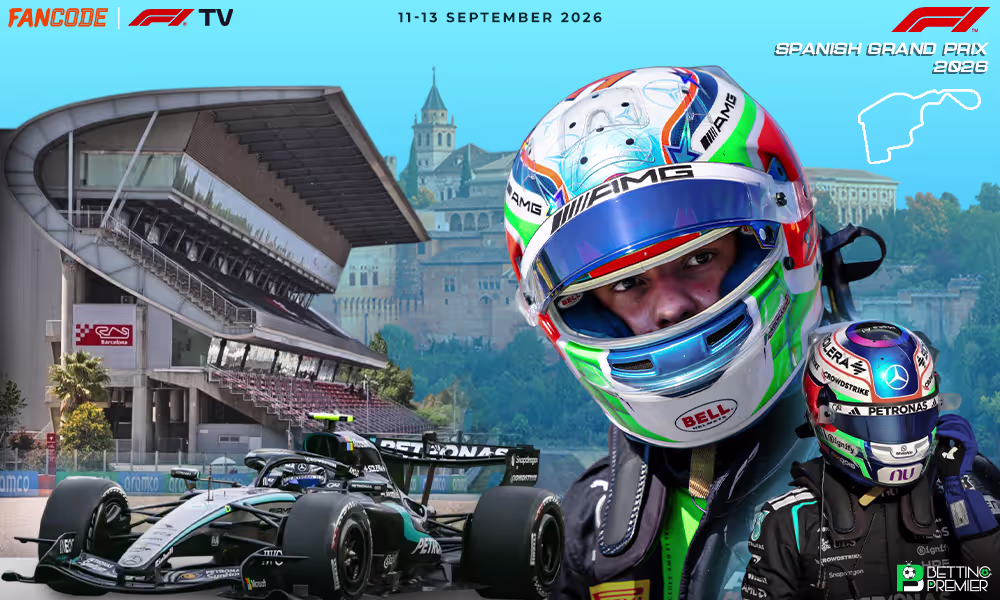 The poster features the dates, venues, circuits, and expected finisher in the F1 Spanish GP 2026.