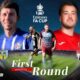 The poster features the selected top 4 teams from the overall 112 ties in the FA Cup First Qualifying Round.