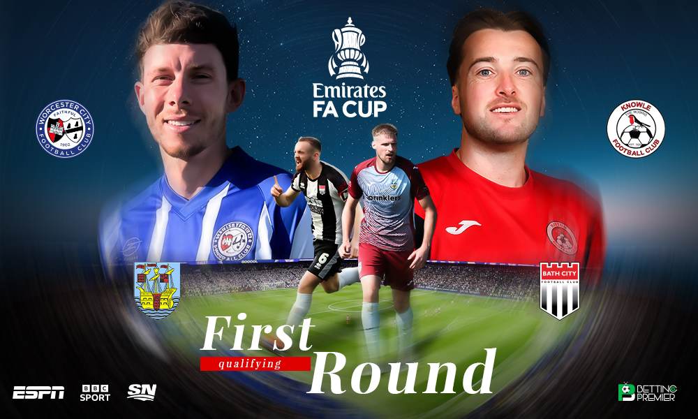 The poster features the selected top 4 teams from the overall 112 ties in the FA Cup First Qualifying Round.