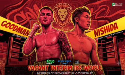 The poster shows Goodman facing challenger Nishida for the Vacant IBF Interim Junior Featherweight title.