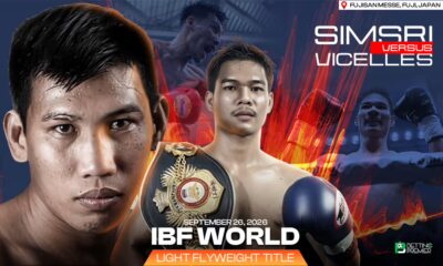 The poster denotes a boxing match between Thanongsak Simsri and Mark Vicelles in the ring.
