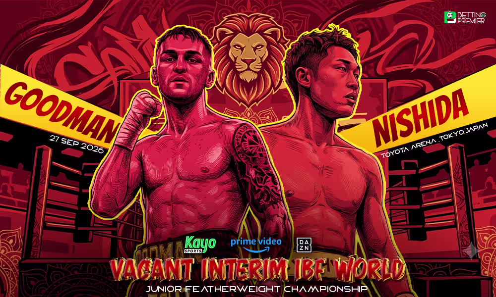 The poster shows Goodman facing challenger Nishida for the Vacant IBF Interim Junior Featherweight title.