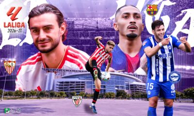 The poster represents La Liga 2026-27, with battles between top-tier clubs and head-to-head clashes.