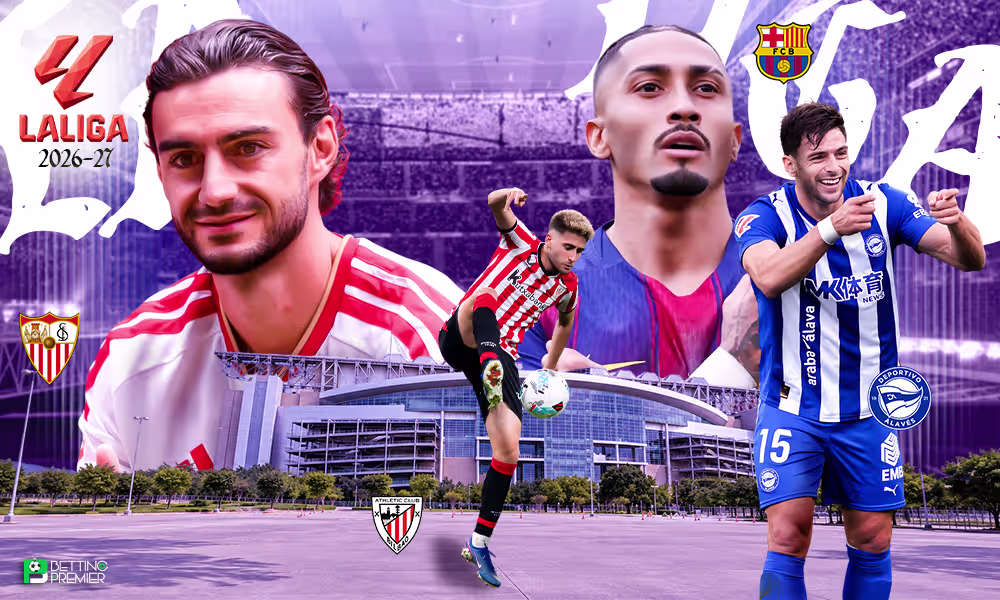 The poster represents La Liga 2026-27, with battles between top-tier clubs and head-to-head clashes.