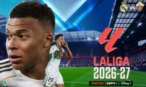La Liga 2026-27 Matchday 6 poster featuring Barcelona and Real Madrid clashing with their underdog opponents.