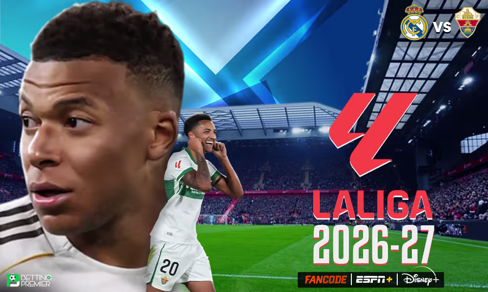 La Liga 2026-27 Matchday 6 poster featuring Barcelona and Real Madrid clashing with their underdog opponents.