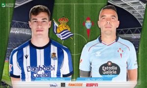 The poster features the early clash of Real Sociedad and Celta in the LaLiga 2026-27.