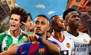 The poster denotes that La Liga 2026-27 will feature top elite clubs competing in football.