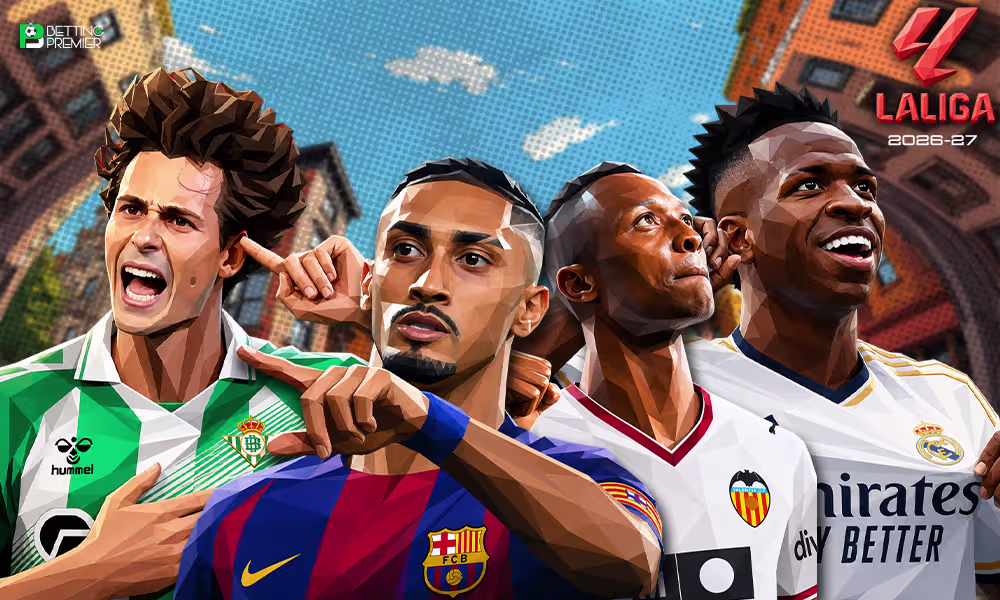 The poster denotes that La Liga 2026-27 will feature top elite clubs competing in football.