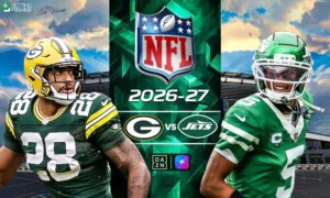 The poster shows the selected teams clashing in NFL 2026-27 second-round week games.