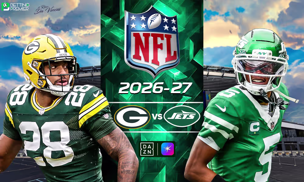 The poster shows the selected teams clashing in NFL 2026-27 second-round week games.