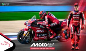 This image denotes the San Marino Grand Prix, with several elite riders clashing on the track.