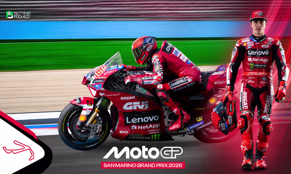 This image denotes the San Marino Grand Prix, with several elite riders clashing on the track.