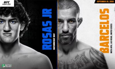 The image denotes that UFC Fight Night will feature a bantamweight bout between Rosas Jr. and Barcelos inside the octagon.
