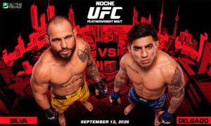 The poster shows the Noche UFC clash between Silva and Delgado in a featherweight bout.