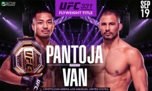 The image depicts the UFC 331 fight between Van and Pantoja 2 for the flyweight title.