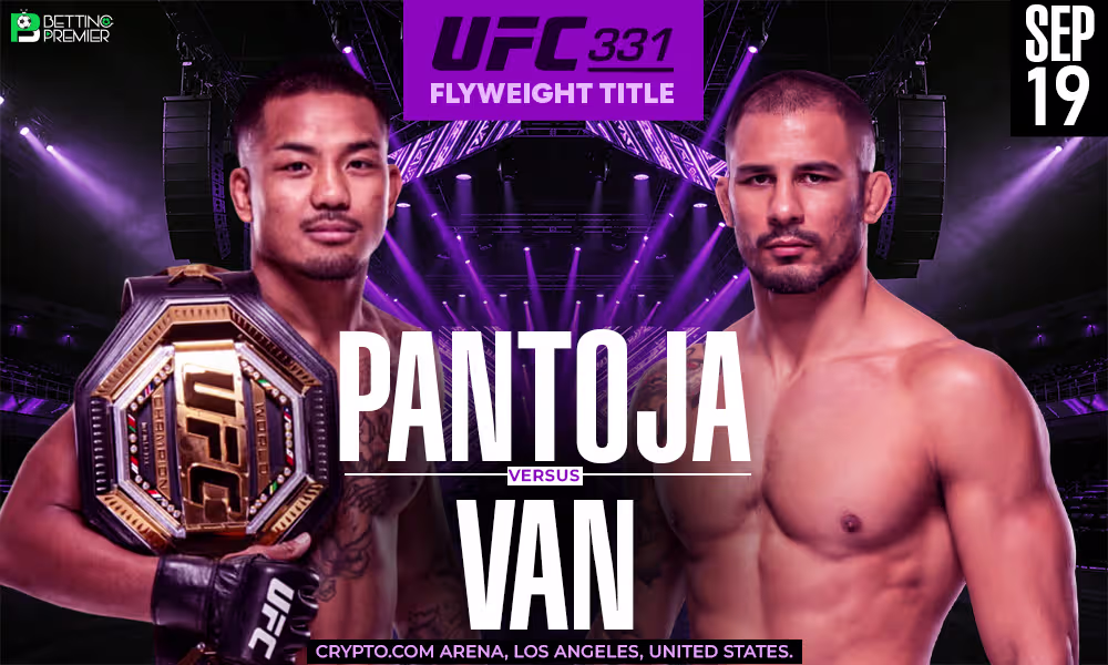 The image depicts the UFC 331 fight between Van and Pantoja 2 for the flyweight title.