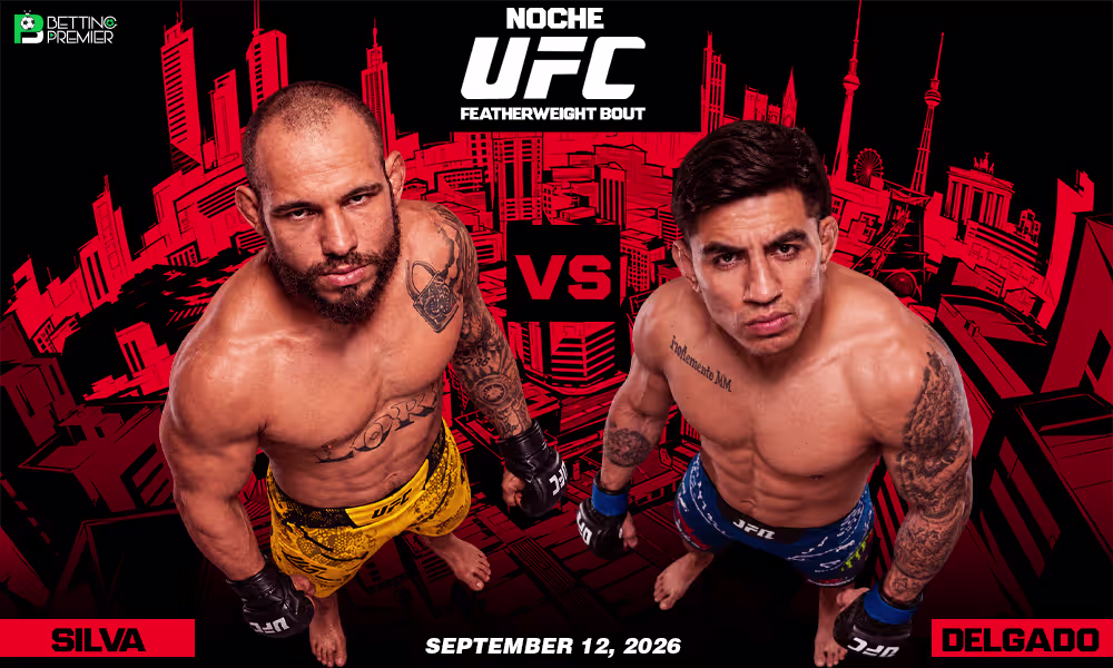 The poster shows the Noche UFC clash between Silva and Delgado in a featherweight bout.