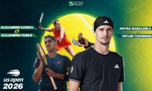 The poster shows the US Open with top players' head-to-head clashes on the court.