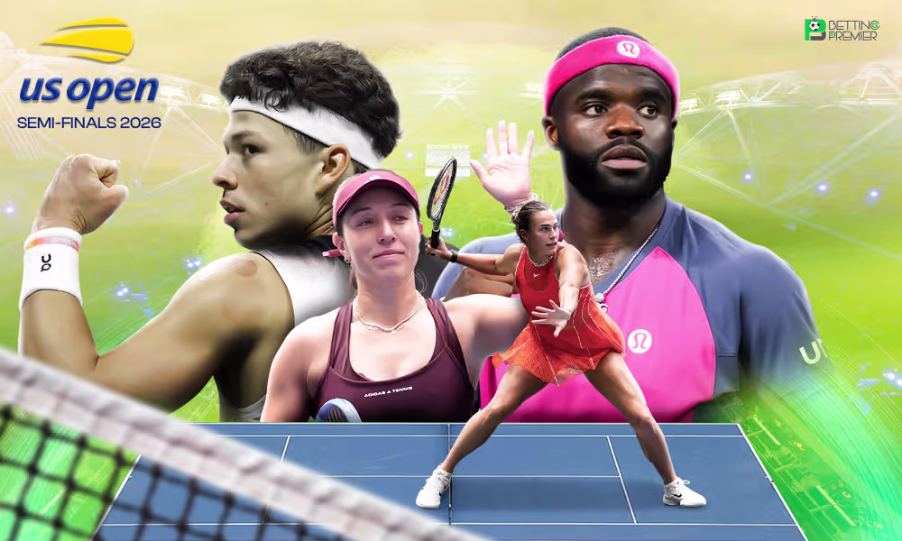 The poster denotes that the US Open 2026 will feature top-tier players in a head-to-head clash in the semi-finals.