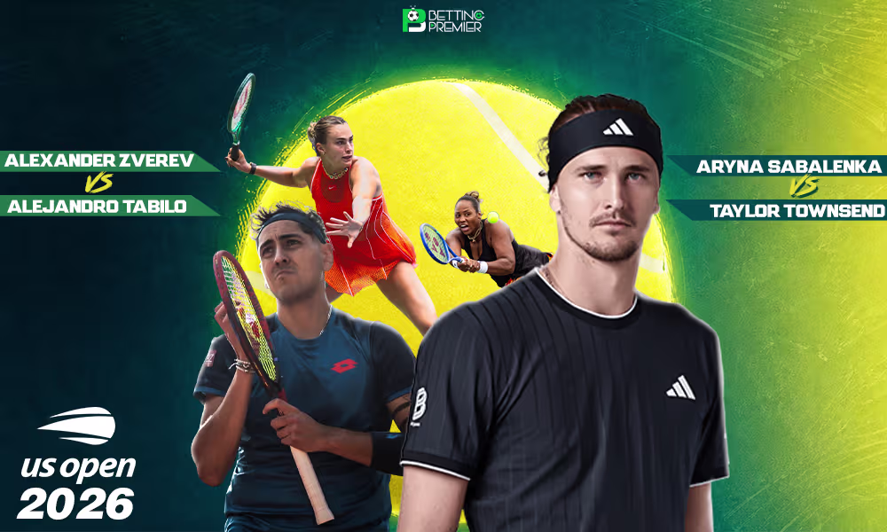 The poster shows the US Open with top players' head-to-head clashes on the court.