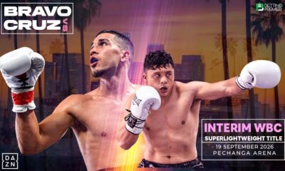 The poster shows titleholder Cruz facing challenger Bravo for the Interim WBC Super Lightweight title.
