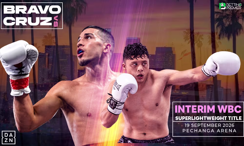 The poster shows titleholder Cruz facing challenger Bravo for the Interim WBC Super Lightweight title.