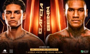 This poster shows the headline, location, and information regarding the fight between Garcia vs Benn.