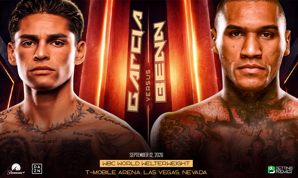 This poster shows the headline, location, and information regarding the fight between Garcia vs Benn.