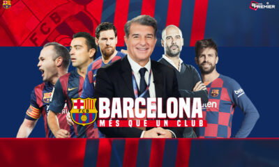 A poster of Barcelona with Joan Laporta, Messi, Pep Guardiola and other players.